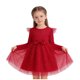 thumbnail image 1 of Vestido de princesa de manga larga con volantes y nudo para niña, de primavera y verano, de malla elástica brillante, con cuello redondo y manga corta, de poliéster., 1 of 6