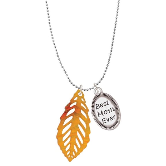 Delight Jewelry Acrylic Medium Leaf Orange Mixed Brown and Yellow Best Mom Ever Charm Necklace