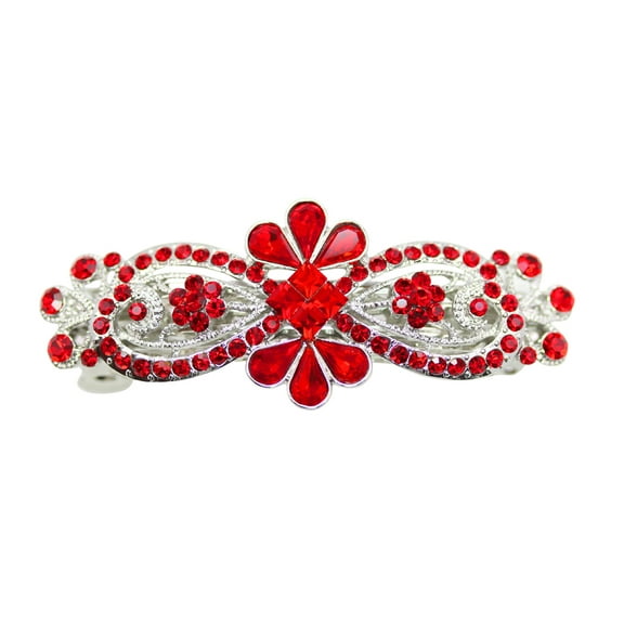 Faship Red Rhinestone Crystal Floral Hair Barrette Clip