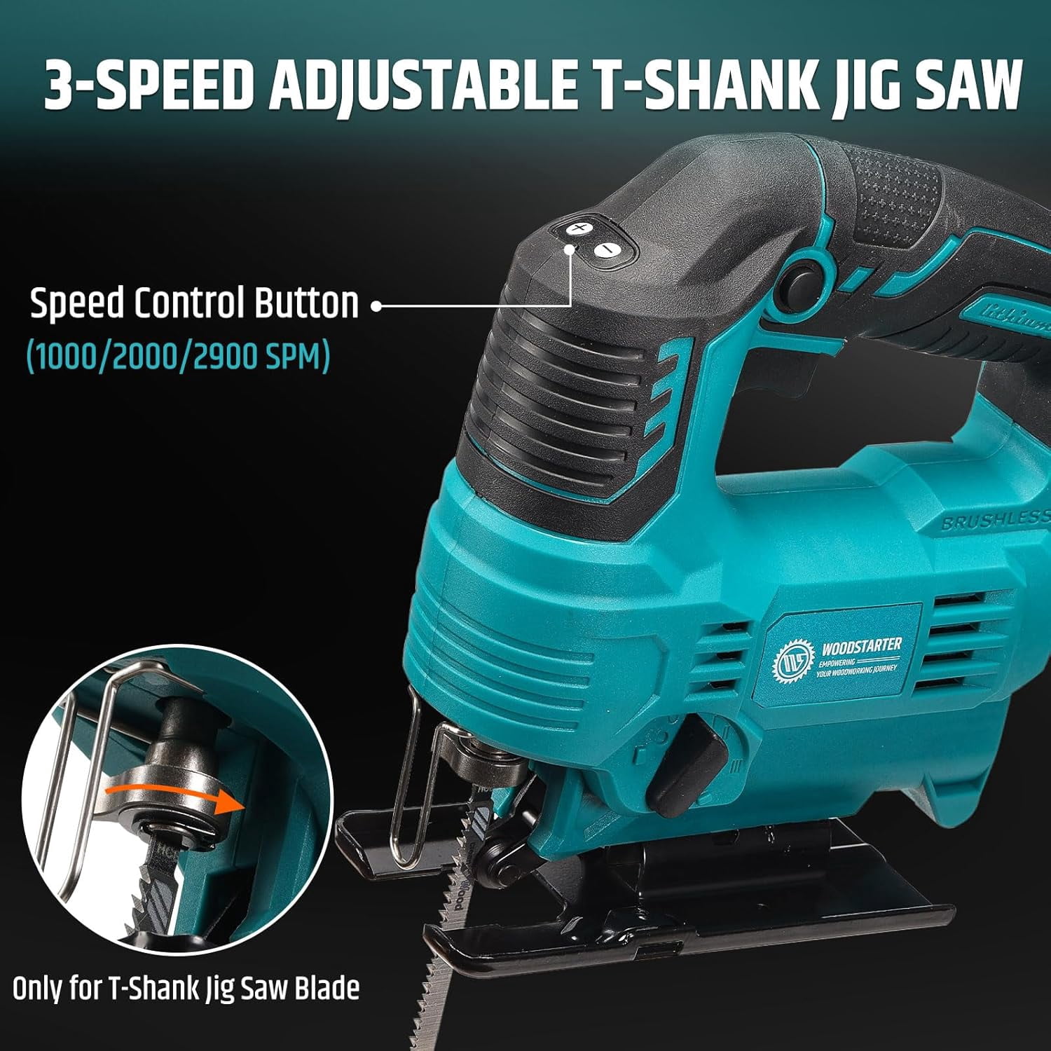 WOODSTARTER Cordless Jig Saw with Brushless Motor, 3 Adjustable Speed Settings, 45°-90° Cutting Angle, Compatible with T-Shaped Blades, Includes Dust Blowing Feature (Tool Only)