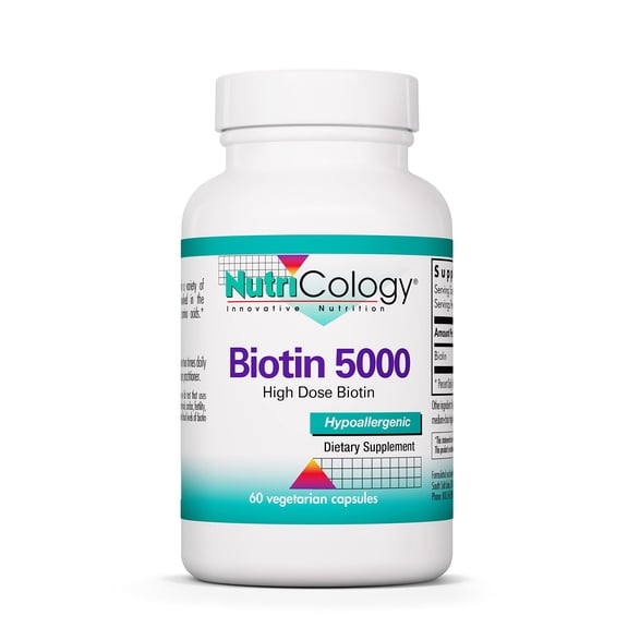NutriCology Biotin 5000 - Delivers 5000 mcg Biotin - Vitamin B - Metabolism & Energy Production Support - Hair, Skin & Nail Supplement - Gluten-Free - 60 Servings - 60 Vegetarian Capsules