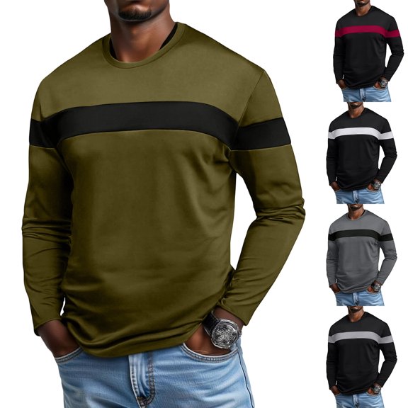 Men's New Casual Street Exercise Crewneck Long Sleeve Shirt, Spring Fall Sporty Style Top for Daily Wear,Army Green,L