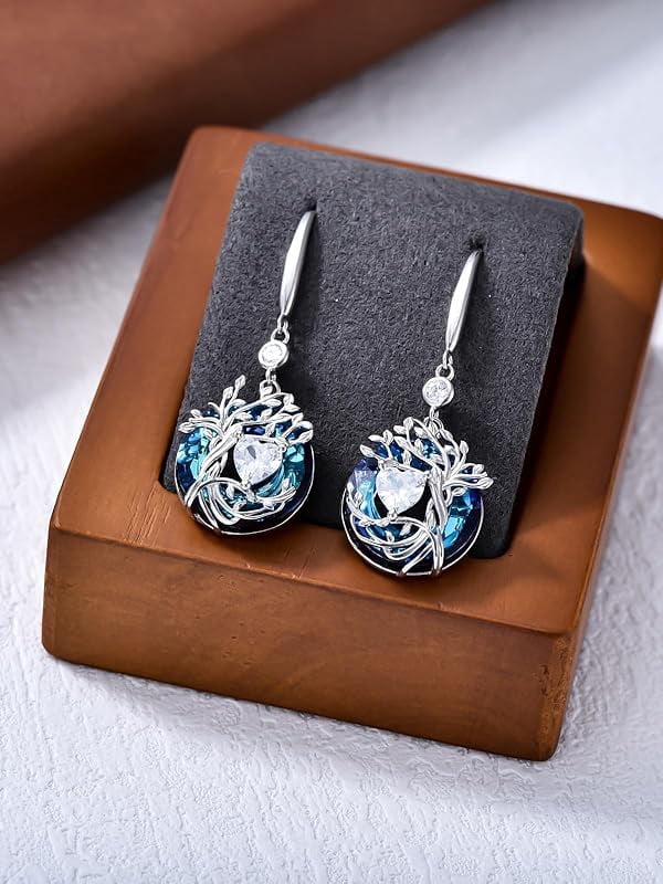 JKR Tree of Life Birthstone Earrings for Women 925 Sterling Silver Family Tree Dangle Earrings Austrian Crystal Jewelry Birthday Gifts for Her Girlfriend Wife Mom