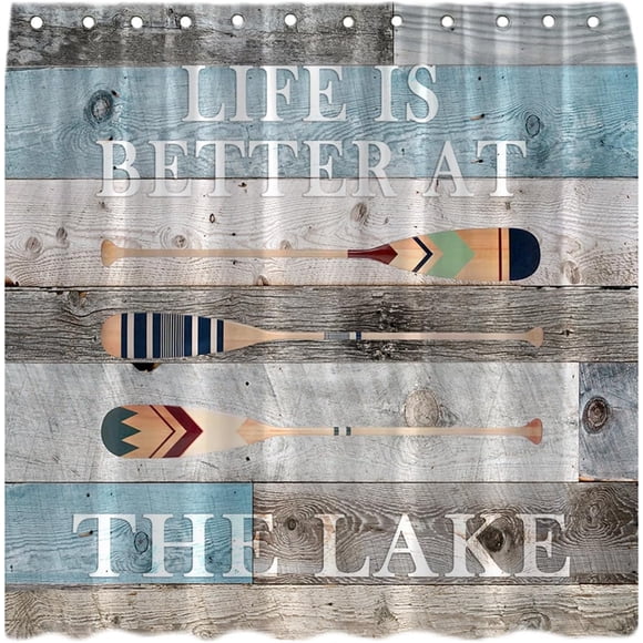 Rustic Lake Cabin Shower Curtain Inspirational Quotes Vintage Wooden Board Lodge Barn Door Plank Country Farmhouse Decor Fabric Bath Curtain with Hooks