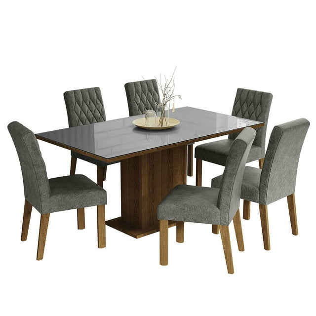 Juego de Comedor Mesa Tablero de Vidrio 6 Sillas Marrón/Gris/Plateado Geórgia Madesa