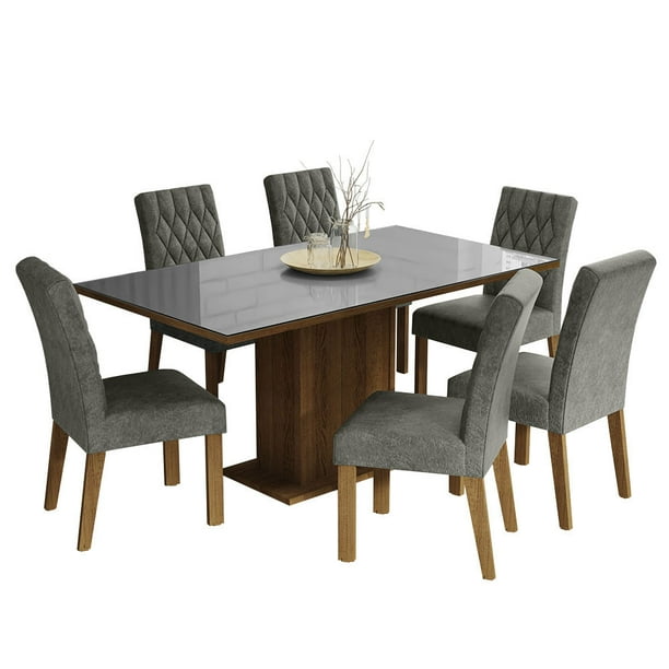 Juego de Comedor Mesa Tablero de Vidrio 6 Sillas Marrón/Gris/Plateado Geórgia Madesa
