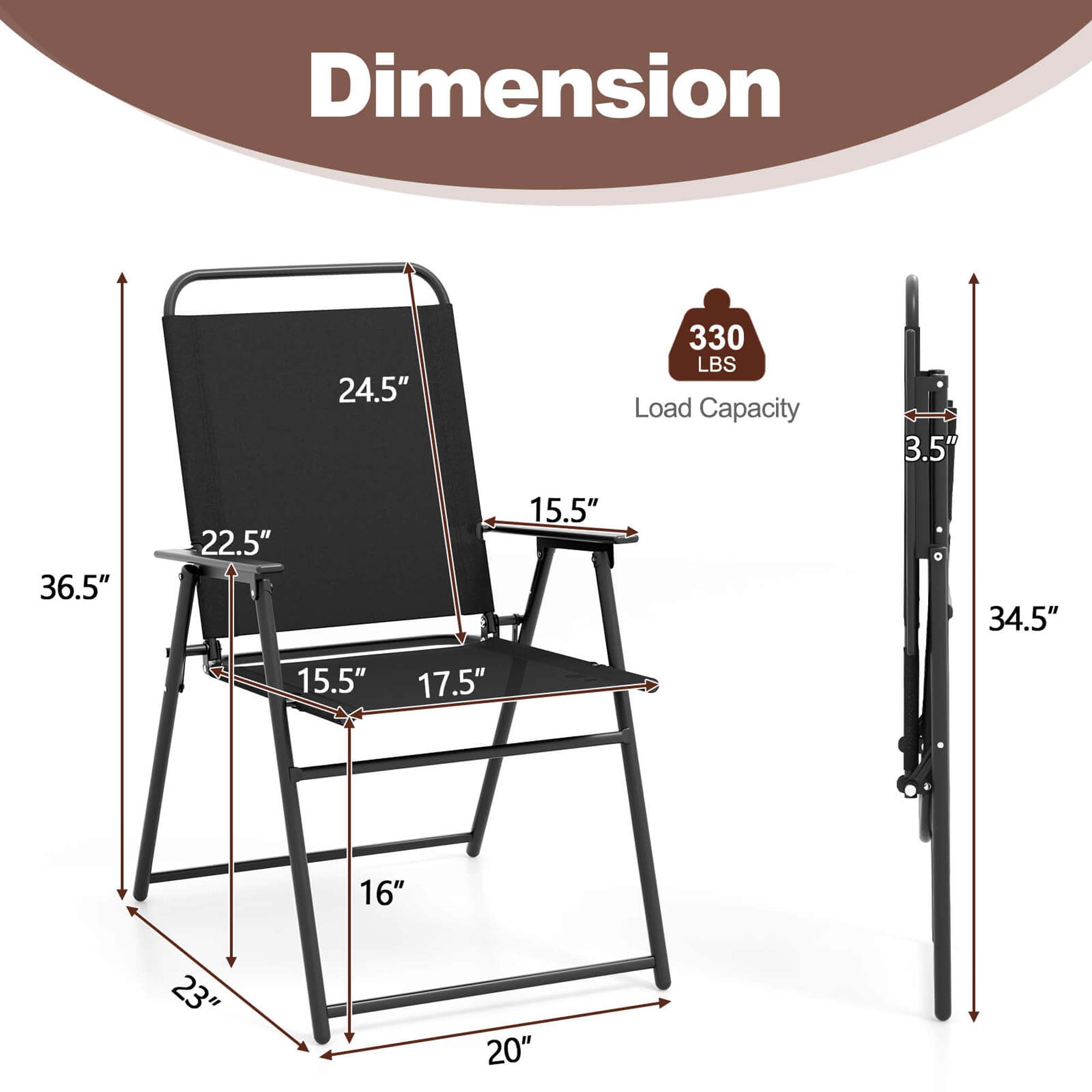 Costway 2pcs Patio Folding Sling Chairs Dining Armrest Backrest Outdoor Portable Black