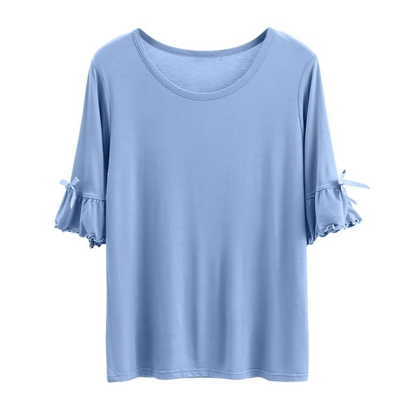 WREESH Women's Solid Color Bow T-Shirts Loose Slimming Round Neck Short Sleeved Tops Blue