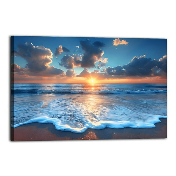 Sunrise And Beach Poster Wrapped Wooden Frame Wall Decor,Made in USA,Canvas Wall Art for Living Room,Bedroom,Office,Ready to Hang