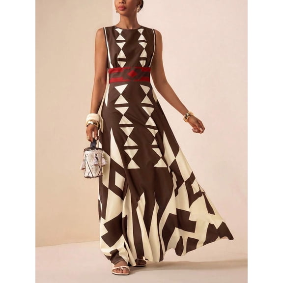 Brown Multicolor Geometric Tropical Print Sleeveless Maxi Dress For Summer Festival, Vacation, Beach, Street Style