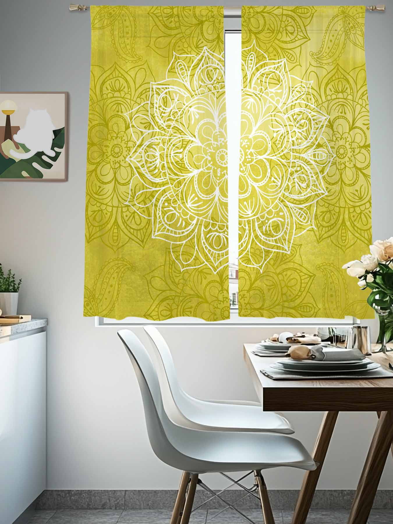 Yellow Boho Flowers Sheer Curtains for Living Room Bedroom, Vintage Abstract Watercolor Yellow Bohemia Floral Light Filtering Sheer Curtains, Rod Pocket Voile Window Drapes, 2 Panels Set 52"x 63"