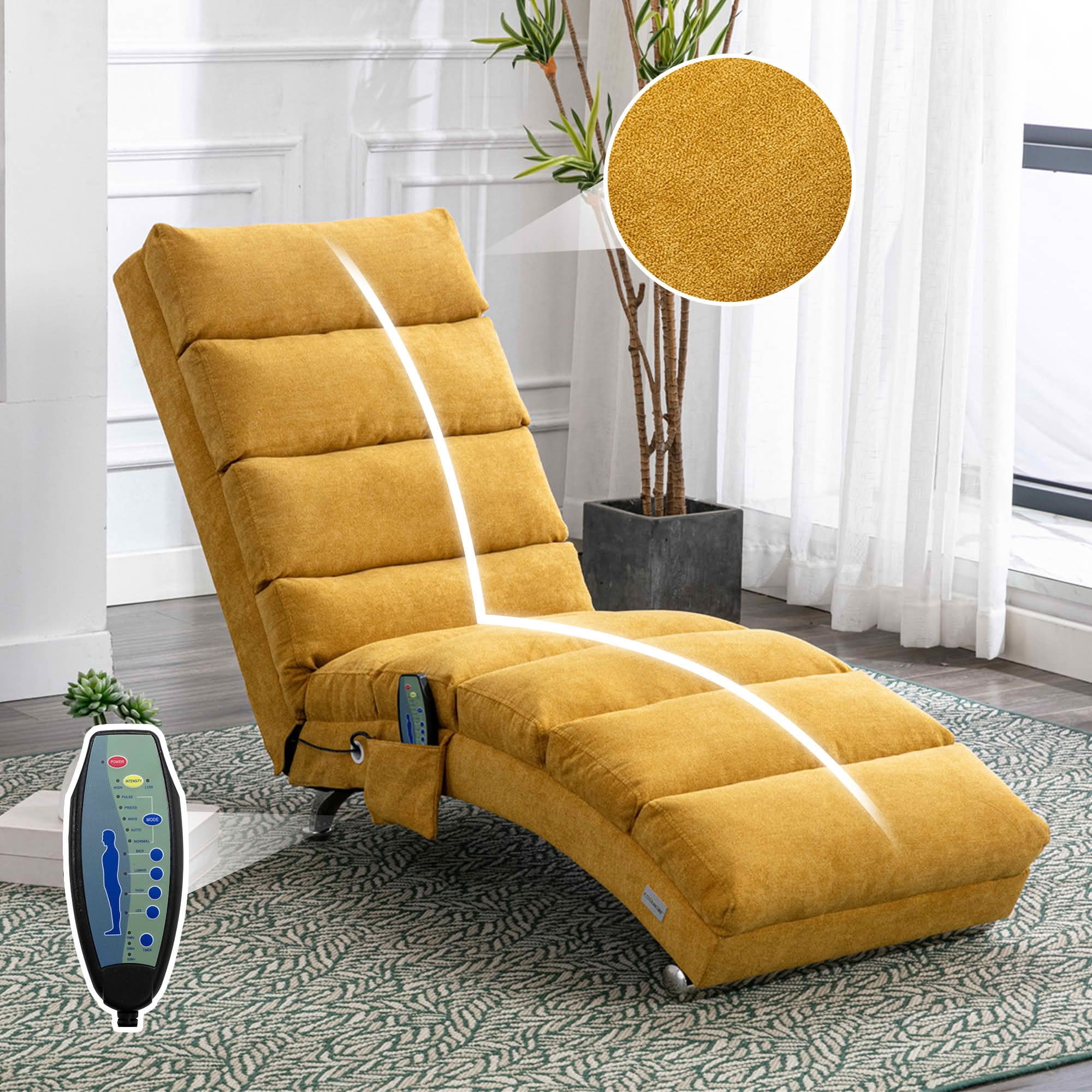 MAYEERTY Vibrating Upholstered Chaise Lounge Chair, Ergonomic Fixed Back Fabric Recliner Sofa with Side Pocket Remote Control for Living Room Bedroom