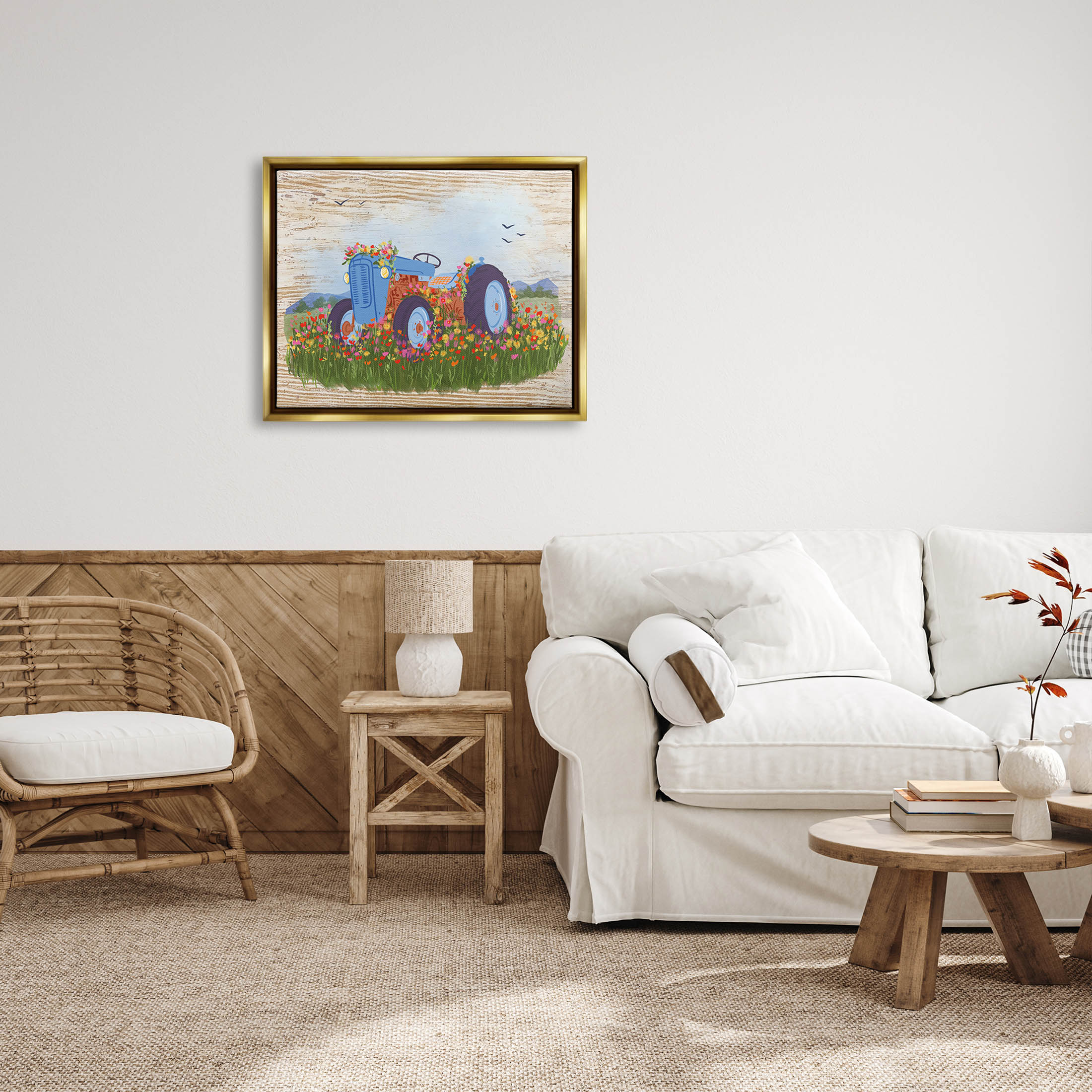 Farmhouse Tractor Floral Blooms Transportation Graphic Art Metallic Gold Framed Art Print Wall Art