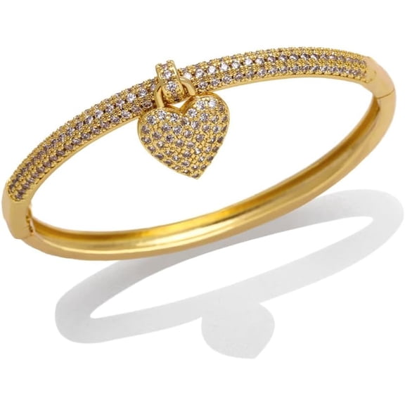Sparkling CZ Heart Charm Bangle Bracelet for Women Gold Plated Full of Crystal Love Hearted Dangling Bangles Bracelets Dainty Valentine's Day Jewelry Gifts for Her Bride
