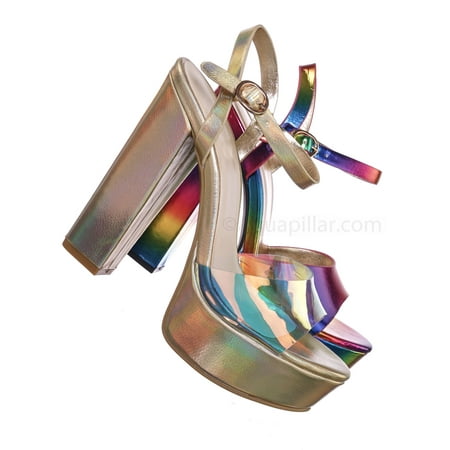 Tournament95 by Bamboo, Chunky Block Heel Platform Sandal - In Rainbow & Clear (Best Way To Break In Rainbow Sandals)