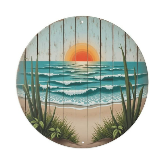 Vintage Wall Decor Waves Beach Sunset Wall Plaque Sign Round Metal Tin Sign Round Welcome Door Hanging, Suitable for Home Garden Kitchen Bar Cafe Restaurant Garage Wall Decor 8x8 Inch