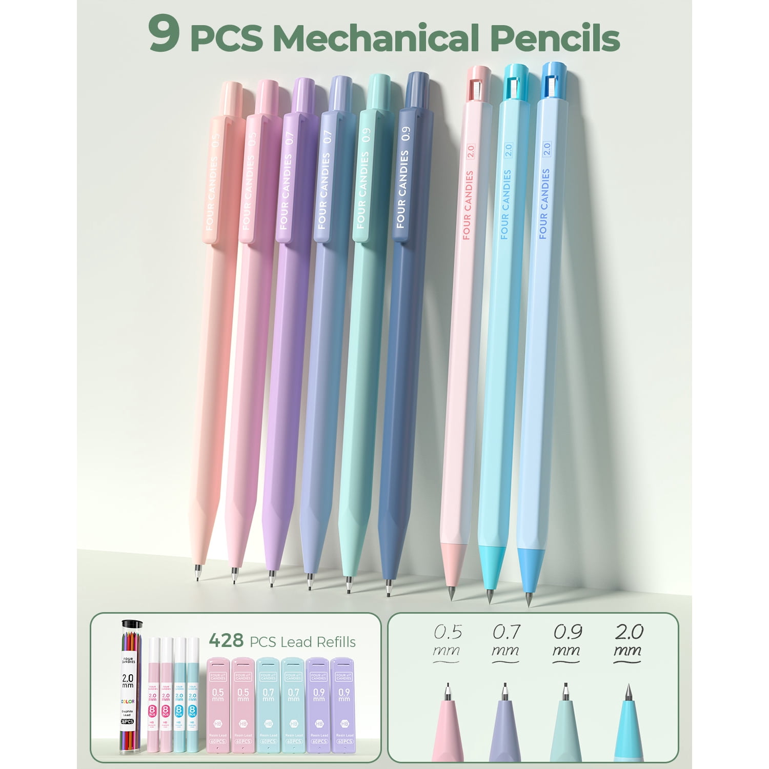 Four Candies 56 PCS Aesthetic Supplies with Pencil Case, 6 Multicolor Pen, 12 Pastel Highlighters, 5 Gel Pens Black Ink, 9 Mechanical Pencils for  Stationary Set Preppy Stuff (Green)