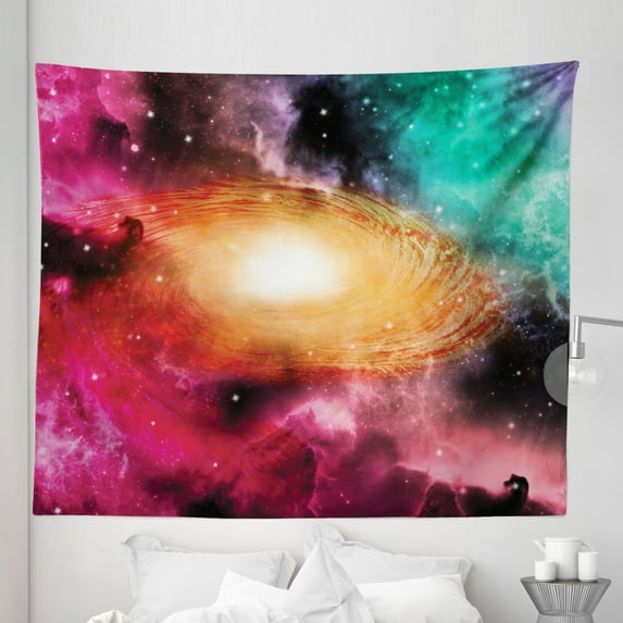 Science Tapestry, Colorful Astronomy Pictures of a Spiral Galaxy Stars Stardust and Cosmos, Fabric Wall Hanging Decor for Bedroom Living Room Dorm, 5 Sizes, Pink Orange Green, by Ambesonne