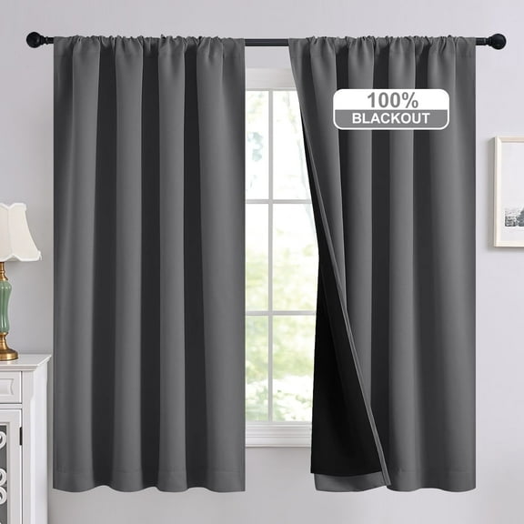 NICETOWN 100% Blackout Curtains for Bedroom, Thermal Insulated Noise Reduction Rod Pocket Drapes Double Layer Room Darkening Curtains with Black Liner, Grey, 52"x63", 2 Panels