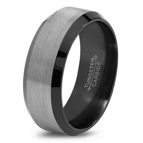 Charming Jewelers Tungsten Wedding Band Ring 8mm for Men Women Comfort Fit Black Beveled Edge Brushed Polished Lifetime Guarantee Size 4