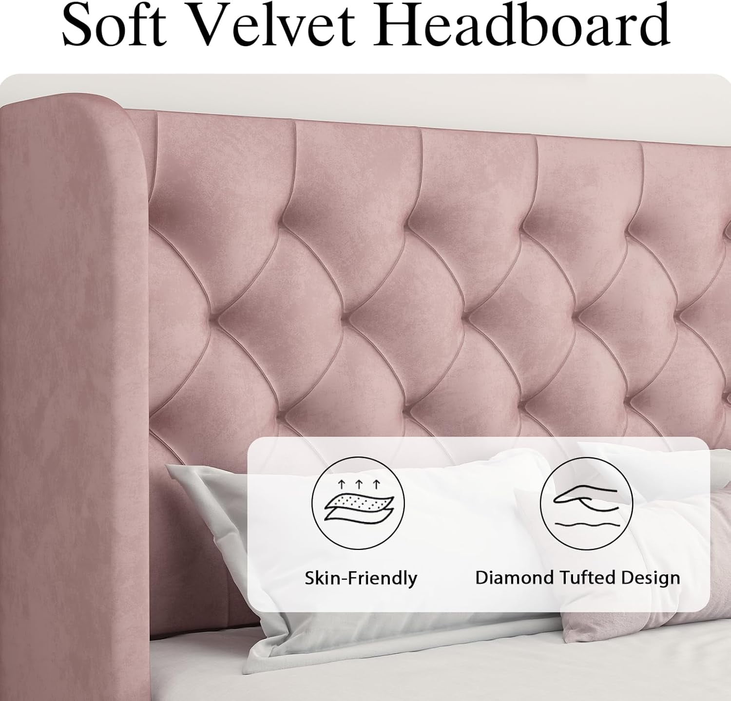 4 EVER WINNER Full Size Bed Frame, Pink Full Bed Frame, Modern Upholstered Platform Bed Frame with Button Wingback Headboard, Pink