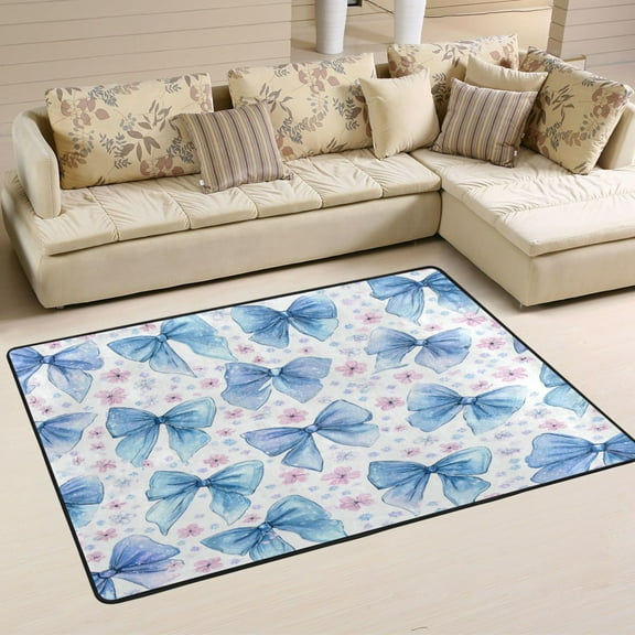 Area Rugs 72"x48" Indoor Non-Slip Wear Resistant Floor Mats Soft Large Carpets for Living Room Bedroom Home Decor Washable Rug Cute Light Blue Bows Pattern