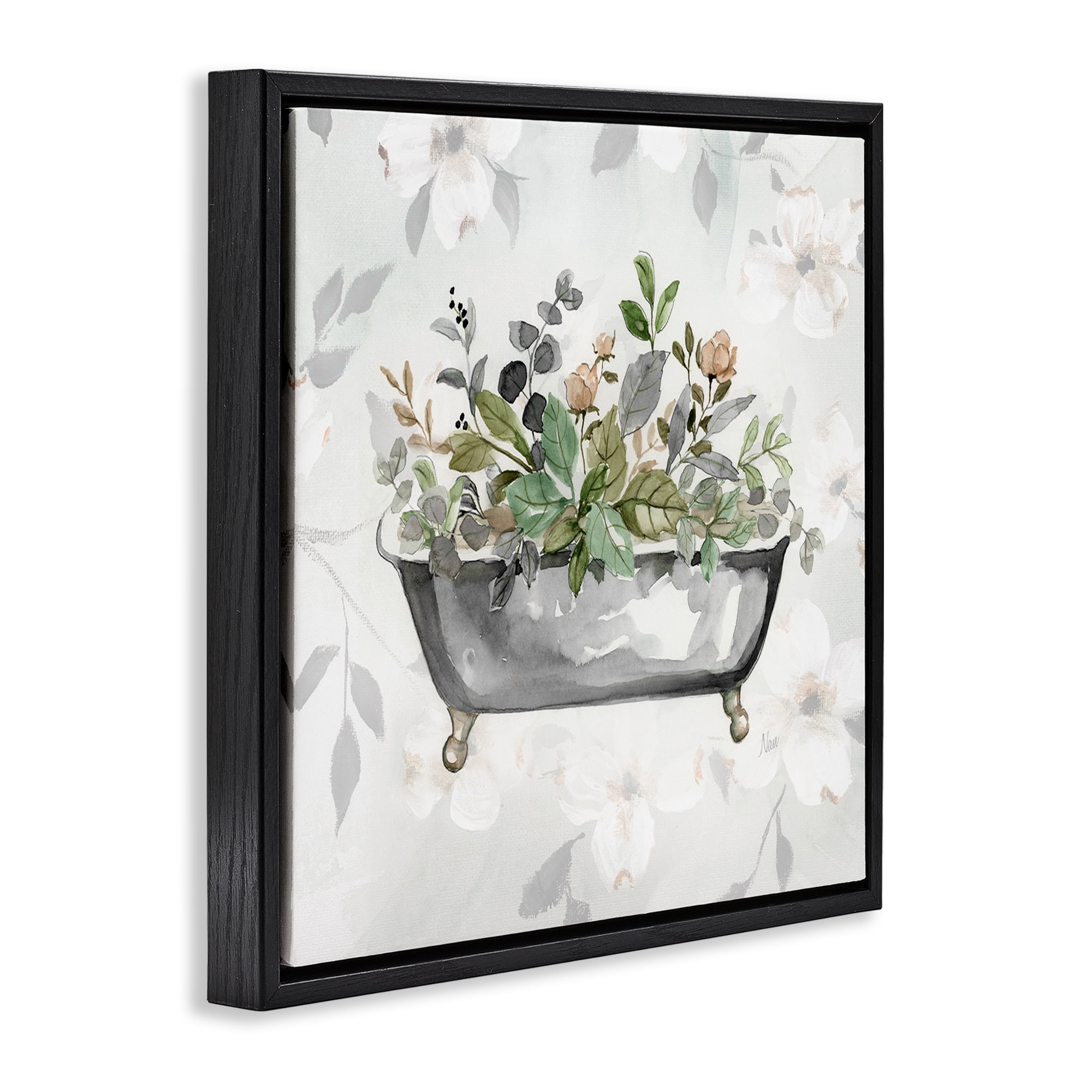 Stupell Industries Leaf Patterned Bath Typography Painting Black Floater Framed Canvas Art Print Wall Art, 18 x 18
