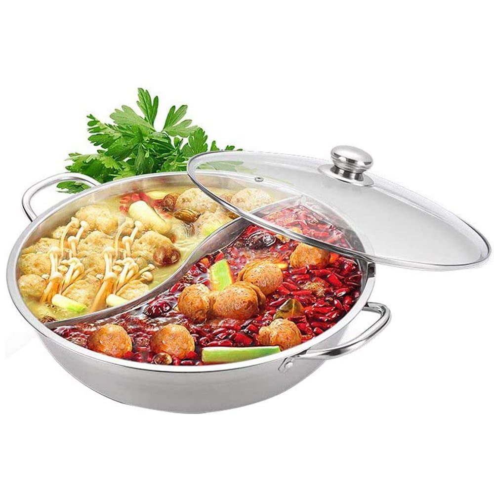 Yardwe Stainless Steel Shabu Hot Pot with Divider Yin Yang Hot Pot with Cover for Induction Cooktop Gas Stove 32cm S
