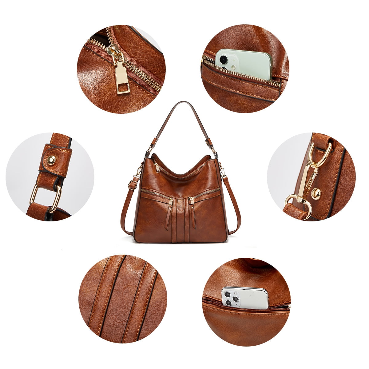 Sendfen Women's Leather Hobo Bag with Wristlets Crossbody bag, Brown, 3-Piece