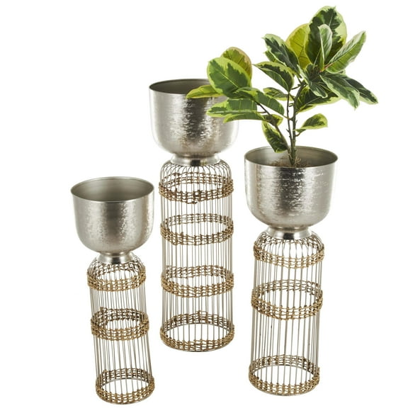 DecMode 32", 27", 24"H Textured Dome Silver Metal Planter with Woven Seagrass and Caged Rod Pedestal Base (3 Count)