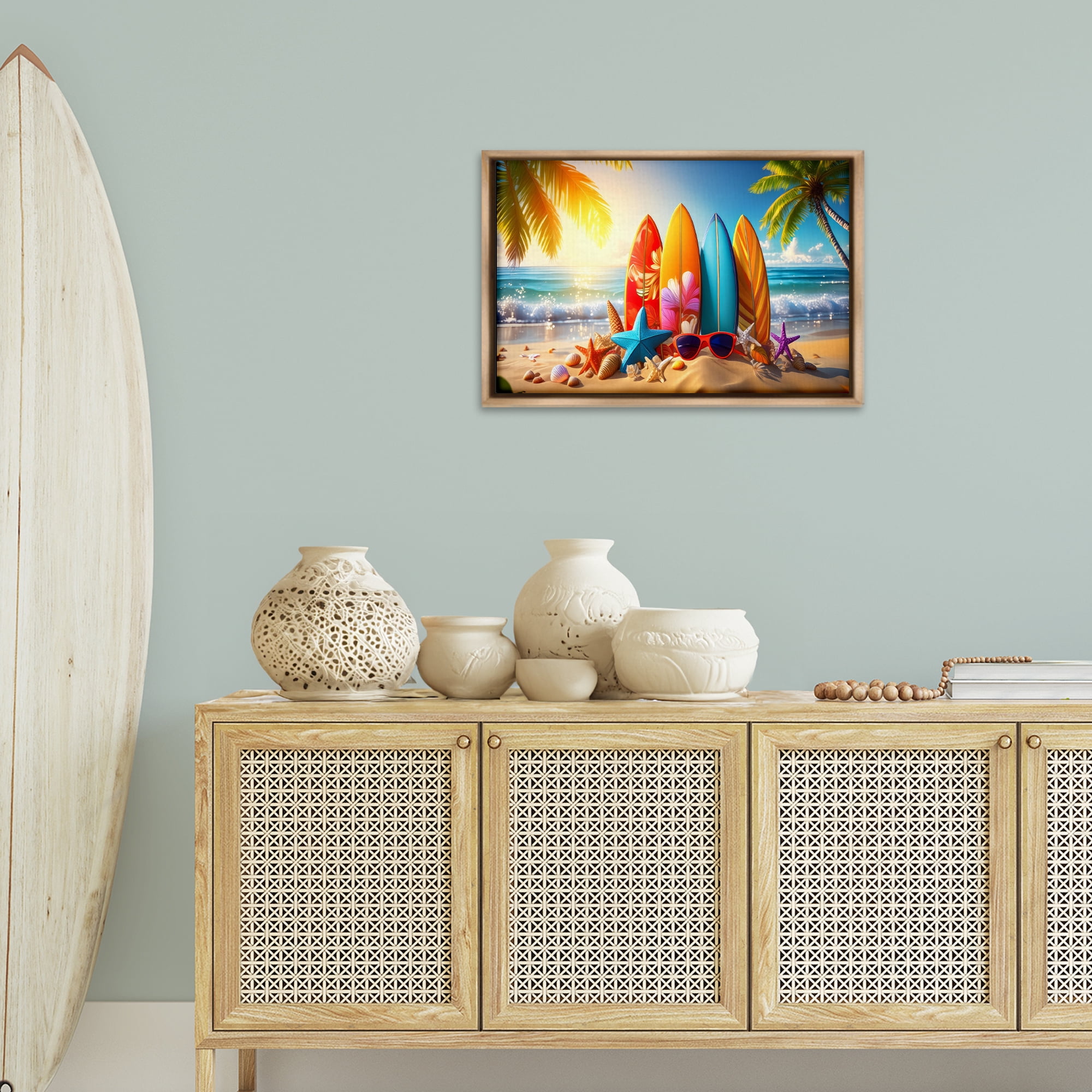 Stupell Industries Tropical Surf & Turf Nautical & Beach Painting Brown Floater Framed Canvas Art Print Wall Art, 25 x 17
