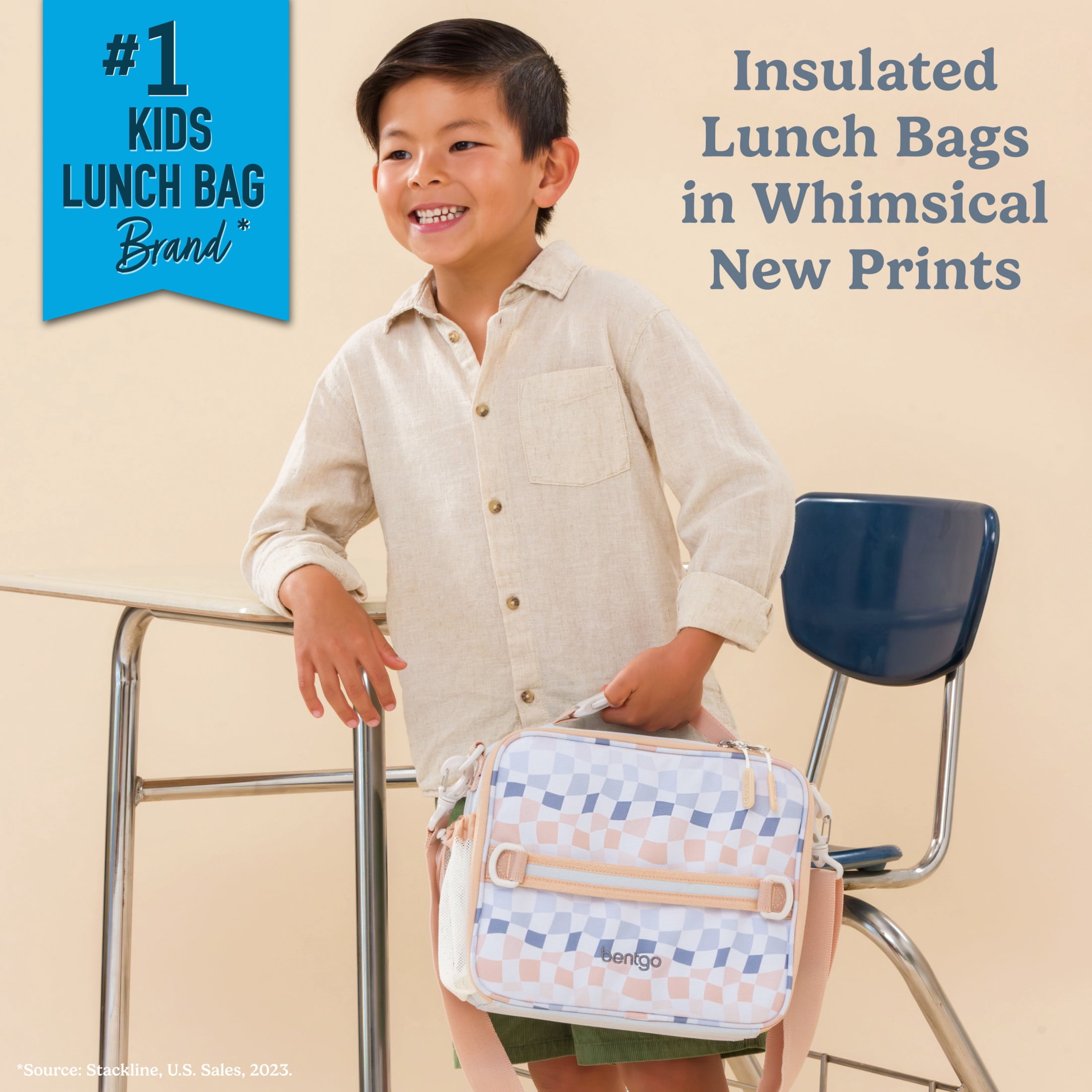 Bentgo Kids Lunch Bag (Whimsy & Wonder Collection) - Durable, Double-Insulated Lunch Bag for Kids 3+; Holds Lunch Box/Water Bottle/Snacks; Water-Resistant Fabric & Zip Pockets (Checker Gradient)