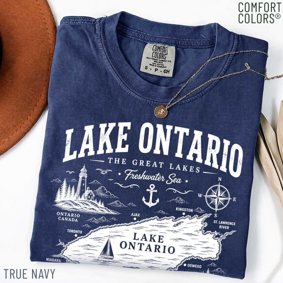 Lake Ontario Map Shirt Great Lakes Apparel Freshwater Sea Shirt Navy Ontario Canada Tee Lighthouse Graphic Top