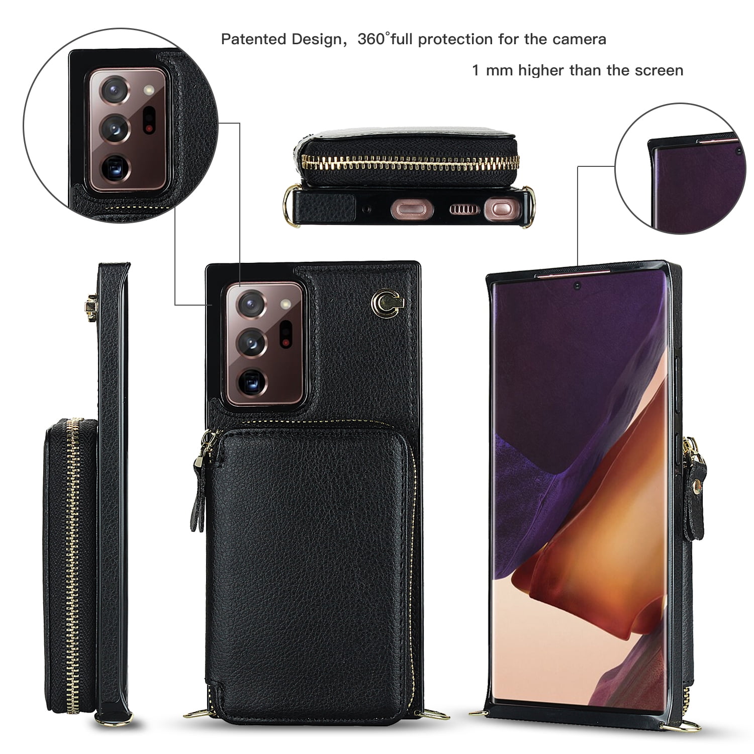 TECH CIRCLE For Galaxy Note 10+ Wallet Case,Card Holder Phone Case for Women, Zipper PU Leather Purse Kickstand Folio Flip Case with Crossbody Strap for Samsung Galaxy Note 10 Plus 5G 6.8” 2019,Black