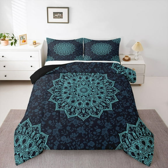 Manfei Female Men Blue Mandala Bedding Comforter Set 2pcs,Exotic Style Twin Comforter Sets Microfiber,Bohemian Hippie Flower Breathable Bedding Set,Microfiber Bedroom Decor,Reversible