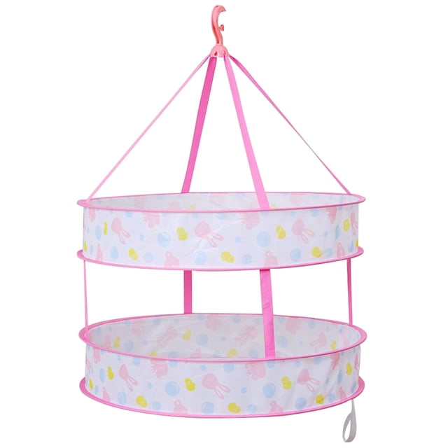 secadora de doble capa sunnimix estante plegable para ropa colgante de malla de lavandería Colgador plegable de malla con dos niveles circulares (60 cm) y bordes rosa; patrón de cabeza de conejo y puntos en tela translúcida, aro metálico cortaviento y gancho superior para colgar. Ideal para secar suéteres, ropa interior y prendas delicadas; su tamaño compacto también la hace adecuado para organizar accesorios en viajes.