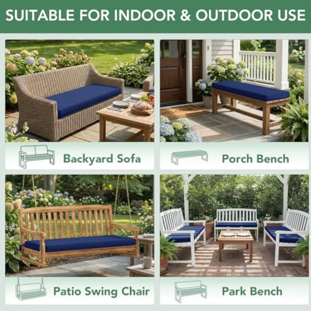 Outdoor Bench Cushion: Waterproof and Fade Resistant Patio Furniture Cushions - Non-Slip Bench Pad Cushion with Removable Cover for Garden Swing Porch Sofa Settee 48 x 18 x 3 Inch Navy Blue