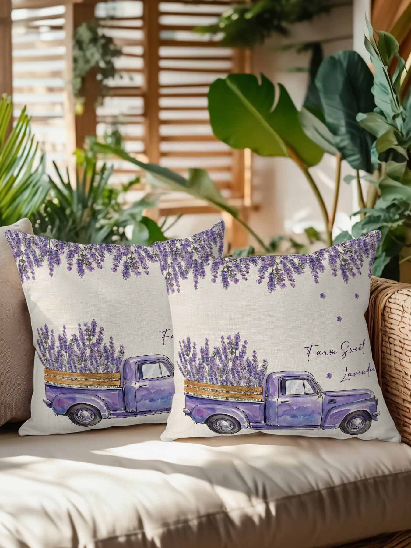 Outdoor Throw Pillow Set of 2, Purple Lavender Waterproof Pillow with Insert Included, Spring Floral Flowers Truck Farmhouse Beige Decorative Accent Cushion Sofa Pillows for Patio Porch, 16 x 16 In