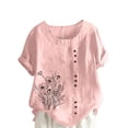 thumbnail image 2 of Women's Cotton Linen Shirt, Short Sleeve Floral Print Blouse, Oversized Loose Fit Tunic with Crew Neck, for Casual Summer Wear, Vacation, Travel, Work and Everyday Outfits-Pink, 2 of 5