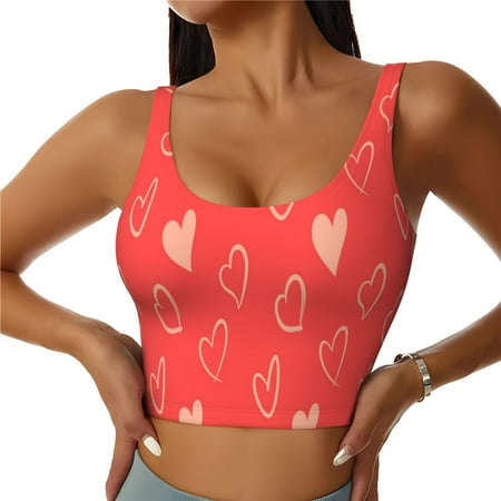 Cauagu Cute love heart Pattern Sports Bras for Women Round Neck Sports Bra Workout Crop Tank Tops Padded with Built in Shelf-Medium