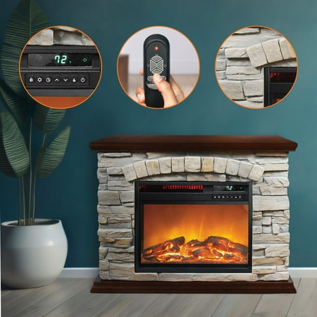 Lifesmart - Large Square Infrared Faux Stone Fireplace - Black