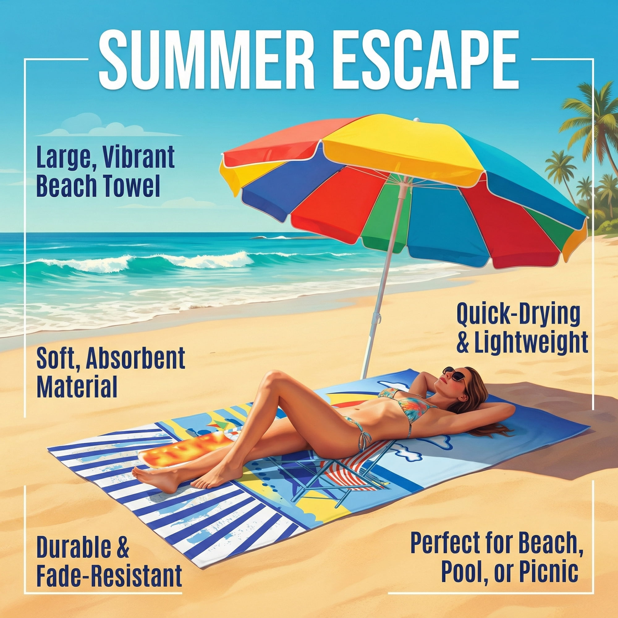 Unique Bargains 2 Pack Absorbent Lightweight Oversized Beach Towel MultiColor 71" x 35"
