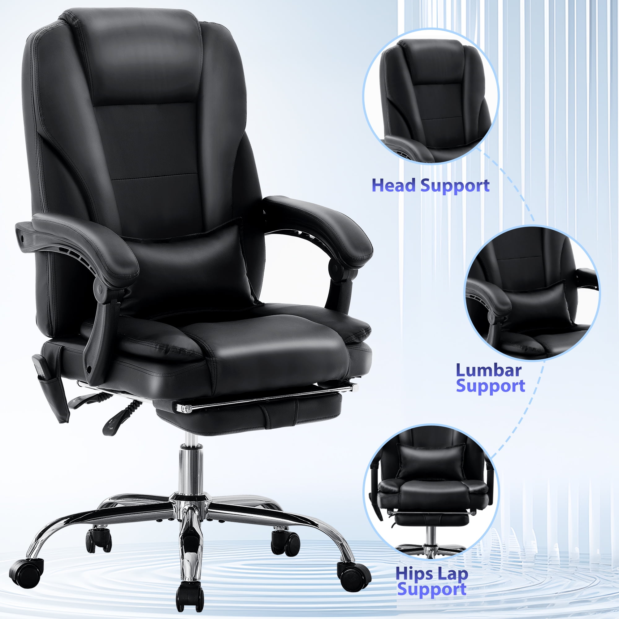 JONPONY Big and Tall Office Chair 500LBS Executive Office Chair Massage and Footrest Ergonomic Computer Desk Chair Reclining High Back Leather Office Chair Lumbar Back Support Swivel Rolling,Black