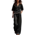 thumbnail image 2 of Cagogo Women Plus Size 2 Piece Set V Neck Short Sleeve Top Wide Leg Pants Casual Summer Boho Vacation Outfits Loose Matching Lounge Sets Tracksuits Travel Cruise Clothes, Black S, 2 of 7
