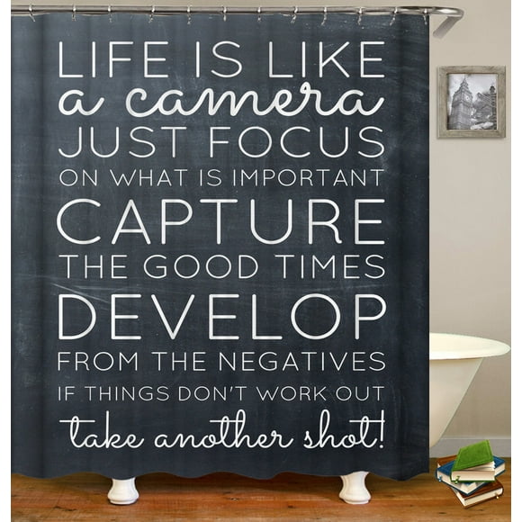 72 x 72 inches Shower Curtain Positive Lines Focus on Important Catpure Good Time Life is Like a Camera Quotes Water Soap Resistant Machine Washable Fabric Bathroom Decor Set with Hook Bath Curtain