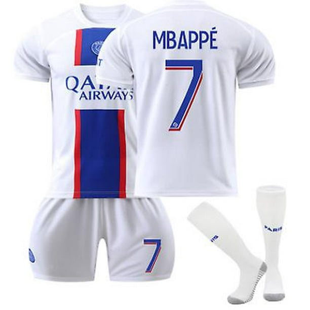 24White 7BMbappe 7# Sergio Ramos 4# Conjunto de uniformes de fútbol con protectores de calcetines y rodillas para niños y niñas Nuevo diseño Deporte Moda Equipo de fútbol Jersey Traje para esquí esquí Gafas de esquí