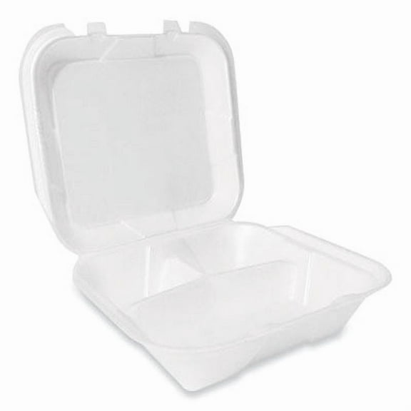 Foam Hinged Lid Container, Secure Two Tab Latch, Poly Bag, 3-Compartment, 9 X 9 X 3, White, 100/bag, 2 Bags/carton