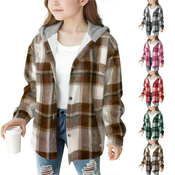 NAISIBABY Girls Fleece Shirt Jacket 8T, Button Down Long Sleeve Fashion Plaid Fall Winter Casual Hooded Outwear Coffee(4-15T)