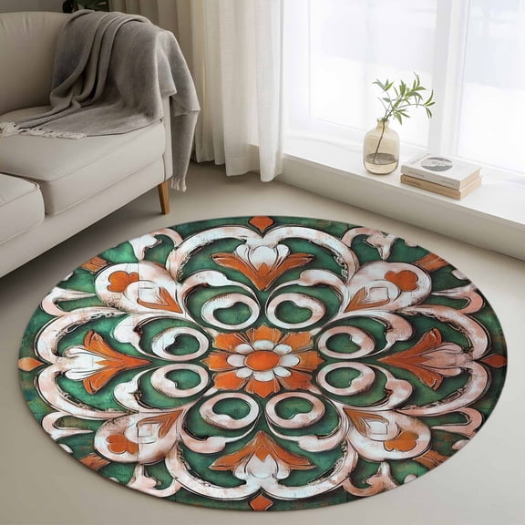 Burnt Orange Green Flower Round Rug 3ft Washable Circle Entryway Rugs Non Slip Boho Ethnic Vintage Area Rug Indoor Floor Carpet for Bedroom Kitchen Living Room Home Office Dining Room Nursery