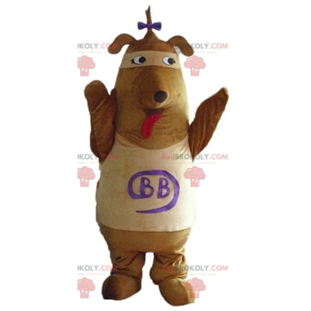 Brown and beige dog REDBROKOLY mascot with a bow on the head